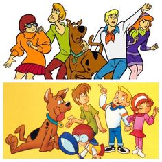 cartoon characters from the television show scooby and friends are shown in this split screen image