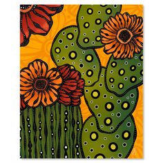 an abstract painting of flowers and cactuses on yellow background, with black dots in the center