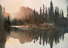 a painting of trees and mountains reflected in the water