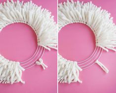 two pictures of the same type of white mop on a pink background, one is being used as a wreath