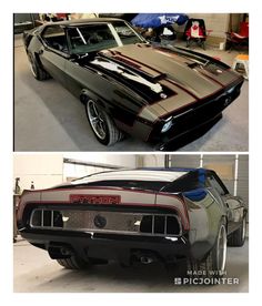 two pictures of the same car in different stages of being painted black and silver with red stripes