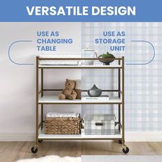 an image of a shelf that has items on it and labeled with the words, versatile design use as changing table