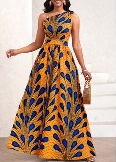 Color:Orange;Size:XL;Size:XXL;Package Contents:1 X Dress;Occasion:Other;Style:Casual; African Marketplace, One Shoulder Maxi Dress, African Wedding Dress, Spring Styles, African Maxi Dresses, Ankara Dress, African Clothing Styles, Easter Outfit, Sleeveless Shift Dress