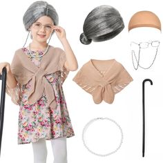 PRICES MAY VARY. Adorable Grandma Transformation with old lady costume: Watch your little girl transform into a cute grandma with MERIABNY 100 Days of School old lady costume for kids! The package includes a cozy grandma shawl, a realistic old lady wig, glasses with glasses chain, necklace, and a walking cane High-Quality Materials: prioritize the comfort and durability of kids old lady costume. The grandma costume shawl is made from soft, breathable and lightweight fabric to keep your child coz Kids Grandma Costume, Granny Costume For Kids, Old Lady Costume For Kids, Kids Old Lady Costume, Old Lady Halloween Costume, Grandma Glasses, Grandma Wig, Farmer Costume, Granny Costume