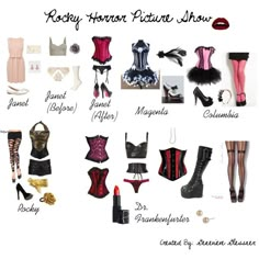 My designs for Rocky Horror Show Rocky Horror Picture Show Group Costume, Rockie Horror Picture Show Costume, Rocky Horror Picture Show Cosplay, Rocky Horror Picture Show Birthday Party, Rocky Horror Outfit Inspiration, The Rocky Horror Picture Show Costume, Rocky Horror Party Ideas