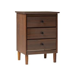 a wooden nightstand with three drawers and two legs