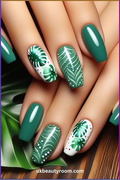 Tropical Leaf Nails, Costa Rica Nails Designs, Beach Nail Designs Vacations, Vacation Nail Colors, Beachy Nail Designs, Plaid Nail Designs, Tropical Nail Art, Turkey Nails