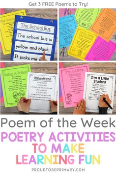 four different pictures with the words poem of the week written on them, and an image of