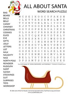 a printable christmas word search with santa's sleigh