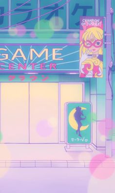 an anime store front with neon lights in the background