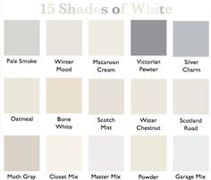 different shades of white paint with the names and colors for each color scheme on it