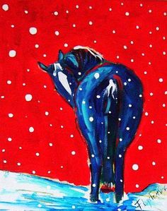 a painting of a horse standing in the snow with red sky and falling snowflakes