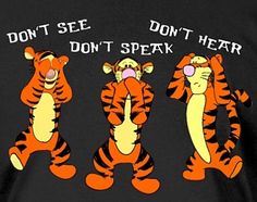 three cartoon tigers with the words don't see, don't hear and don't speak