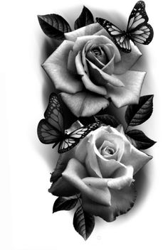 black and white roses with butterflies on them