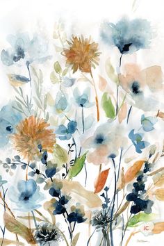 watercolor painting of blue and orange flowers