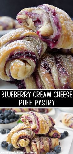 A double photo collage of blueberry puff pastries. Blueberry Cream Cheese Puff Pastry, Danish Recipe Puff Pastry, Blueberry Puff Pastry, Cream Cheese Puffs, Pastry Dough Recipe, Cream Cheese Puff Pastry