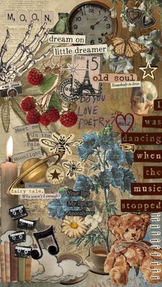 a collage with words and pictures on it, including a teddy bear holding a candle