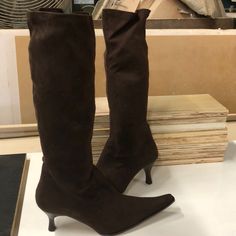 Tall Boots In Brown Suede With Pointy Toe And 2” Heel With Overall Height Of 17” Fitted Suede Boots With Round Toe, Fitted Low Heel Boots With Reinforced Heel, Casual Fitted Suede Heeled Boots, Casual Fitted Low Heel Boots, Fitted Suede Boots With Reinforced Heel, Fitted Brown Boots With Low Heel, Fitted Suede Low Heel Boots, Brown Fitted Low Heeled Boots, Fitted Suede Knee-high Boots With Almond Toe