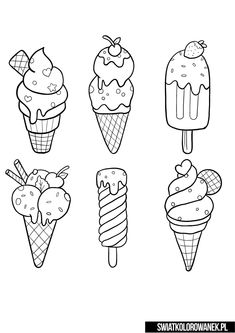 four ice cream cones with different toppings on them, one is black and white