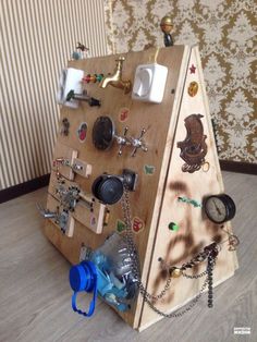 a wooden stand with many different items on it