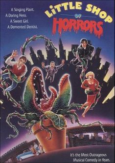 the movie poster for little shop of horrors starring actors and monsters in front of a cityscape