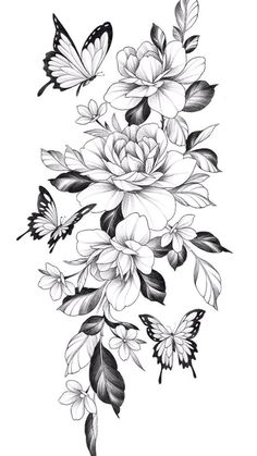 Floral Tattoo Design With Butterfly, Back Tattoo Women Flower Butterflies, Floral Tattoo With Butterflies, Flower And Butterfly Hip Tattoo, Shoulder Tattoos For Women Ideas, Back Tattoo Drawings Women, Whole Shoulder Tattoos For Women, Flowers With Butterflies Drawing, Floral Tattoo Design Rose