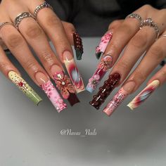 Dope Nail Designs, Long Square Acrylic Nails, Unique Acrylic Nails, Bling Acrylic Nails, Pink Acrylic Nails, Square Acrylic Nails, Fire Nails, Funky Nails, Floral Nails