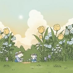 two cartoon characters are standing in the grass near some flowers and trees, one is holding an umbrella