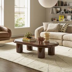 a living room with two couches and a coffee table in front of a window