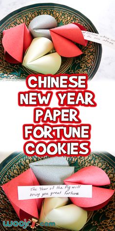 chinese new year paper fortune cookies on a plate with red and white origami