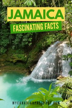 a waterfall with the words jamaica fascinating fact in front of it and green foliage surrounding it