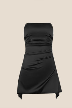 Black A-line Short Homecoming Dress 2024 Fitted Silk Strapless Dress With Ruched Bodice, Satin Dress With Ruched Back And Fitted Bodice, Date Night Strapless Satin Dress With Ruched Bodice, Satin Strapless Dress With Ruched Bodice For Date Night, Silk Ruched Mini Dress For Evening, Party Dresses With Ruched Back And Straight Neckline, Flirty Satin Strapless Dress, Fitted Silk Satin Dress With Ruched Back, Satin Mini Dress With Ruched Fitted Bodice