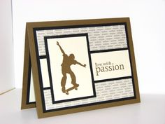 a card with a skateboarder on it and the words live with passion written in gold