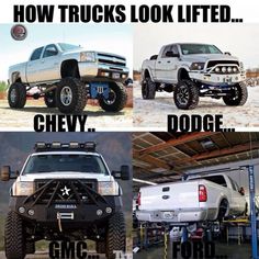 there are four pictures of trucks in the same photo, and one is labeled how trucks look lifted