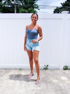 Karen Faye Style - What I'd Wear if I could go on vacation; blue cami bodysuit with denim shorts and blue sandals, Marc Fisher, Abercrombie mom shorts, cami top, camisole outfit, bodysuit outfit, denim shorts outfit, casual style, casual outfit, casual summer outfit, minimal style Casual Summer Jean Shorts By Gap, Gap Casual Jean Shorts For Summer, Fitted Jean Shorts For Vacation, Vacation Relaxed Fit Jean Shorts, Denim Shorts With Built-in Shorts For Vacation, Camisole Outfit, Blue Cami, Denim Shorts Outfit, Cami Bodysuit