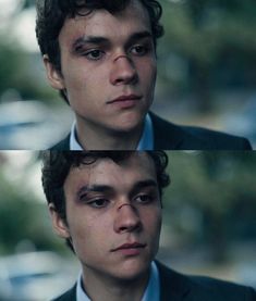 two different shots of a man in a suit and tie looking at the same person's face