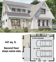 this is the floor plan for a two story house with an attached garage and living area