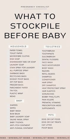 what to stockpile before baby info sheet with text overlay that says, what to stockpile before baby