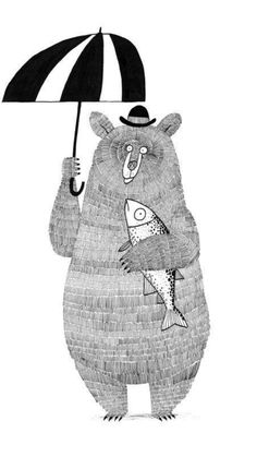 a drawing of a bear holding an umbrella and fish on it's back, in black and white