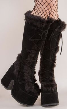 Get ready for the warm fuzzies! With fur detail and faux suede. these platforms are perfect when you want to feel like you're in a winter wonderland all year round. Vegan Black faux fur/suede 5 inch platform 3 inch heel Side zipper U.S women's sizing-refer to size chart for more info Casual Outfit Winter, Boots Elegant, High Platform Boots, Boots High, White Fur, Outfit Winter, Calf Boots, Mid Calf Boots, Platform Boots