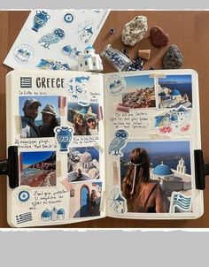 an open book with pictures and magnets on the pages that are filled with travel related items