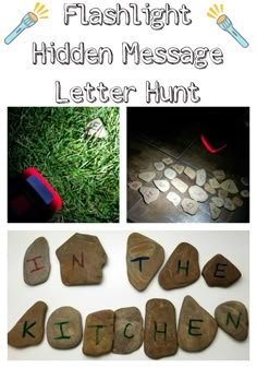 some rocks and letters that are written in different languages with the words flash light hidden message