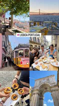 the collage shows people eating and drinking at an outdoor table with a cable car in the background