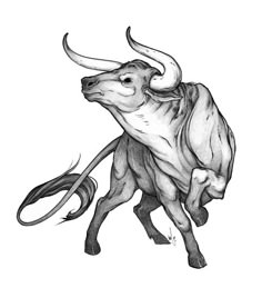 a drawing of a bull with horns on it's back and long horns in its mouth