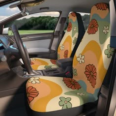 the interior of a car with flowers on it