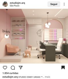 an image of a nail salon with pink and white colors on the walls, chairs and shelves