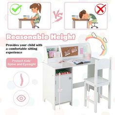 the children's desk and chair are shown with instructions on how to use it