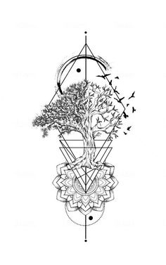 customs geometric tattoo design Geometric Tattoo Tree, Geometric Tattoo Stencil, Yggdrasil Tattoo, Geometric Tattoo Sleeve Designs, Fonts Tattoo, Willow Tree Tattoos, Sketch Style Tattoos, Artist Tattoo