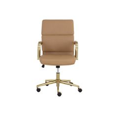 a beige office chair with wheels on an isolated white background