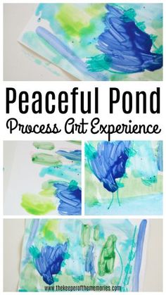 an art project with blue and green watercolors on it, including the words peaceful pond